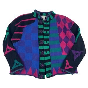 Vintage 80s Geometric Knit Cardigan Sweater Bold Color Block Pattern Medium